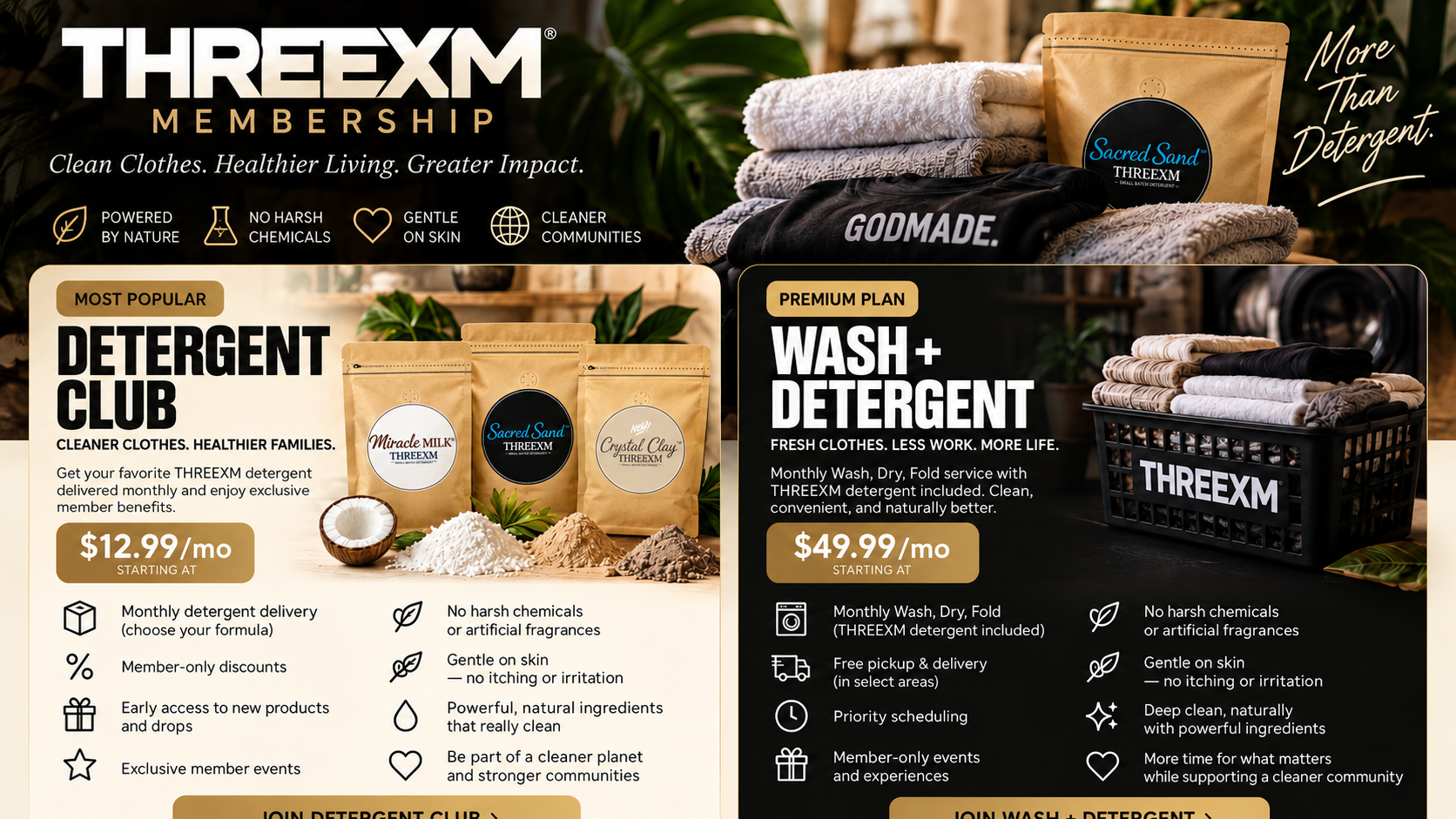 THREEXM Membership — Detergent Club starting at $12.99 per month and Wash + Detergent starting at $49.99 per month.