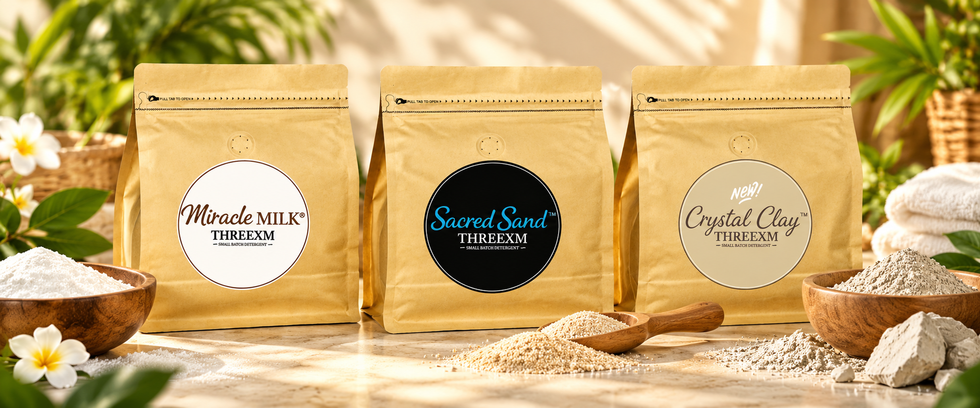 THREEXM Miracle Milk, Sacred Sand and Crystal Clay small batch detergent pouches